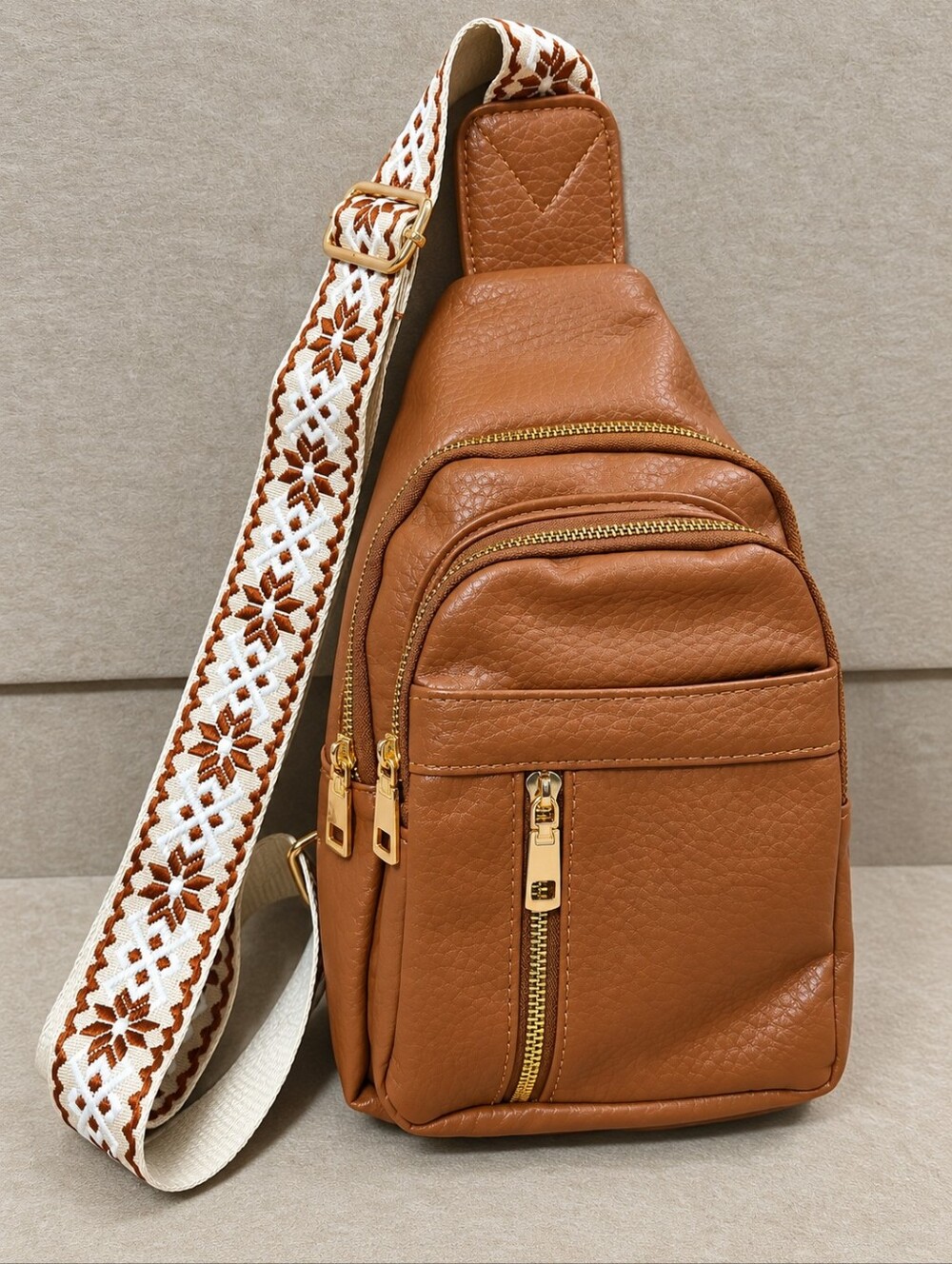 Brown Sling Crossbody Bag Boho Woven Strap Multi Pocket Travel Purse #9